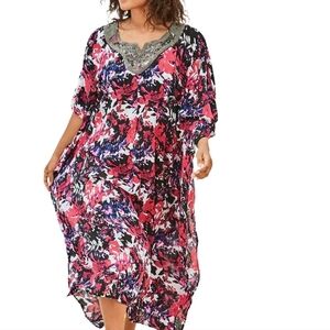 Swimsuits For All Pink& Black Floral Maxi Caftan Beach Cover Up Dress Sz 22/24
